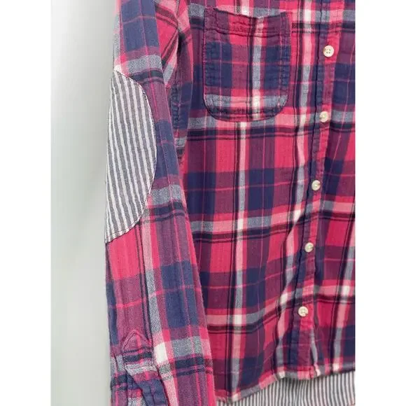 Mossimo Supply Button Up Pink Plaid‎ Shirt Top Blouse Elbow Patch S Country Gorp - Picture 3 of 9